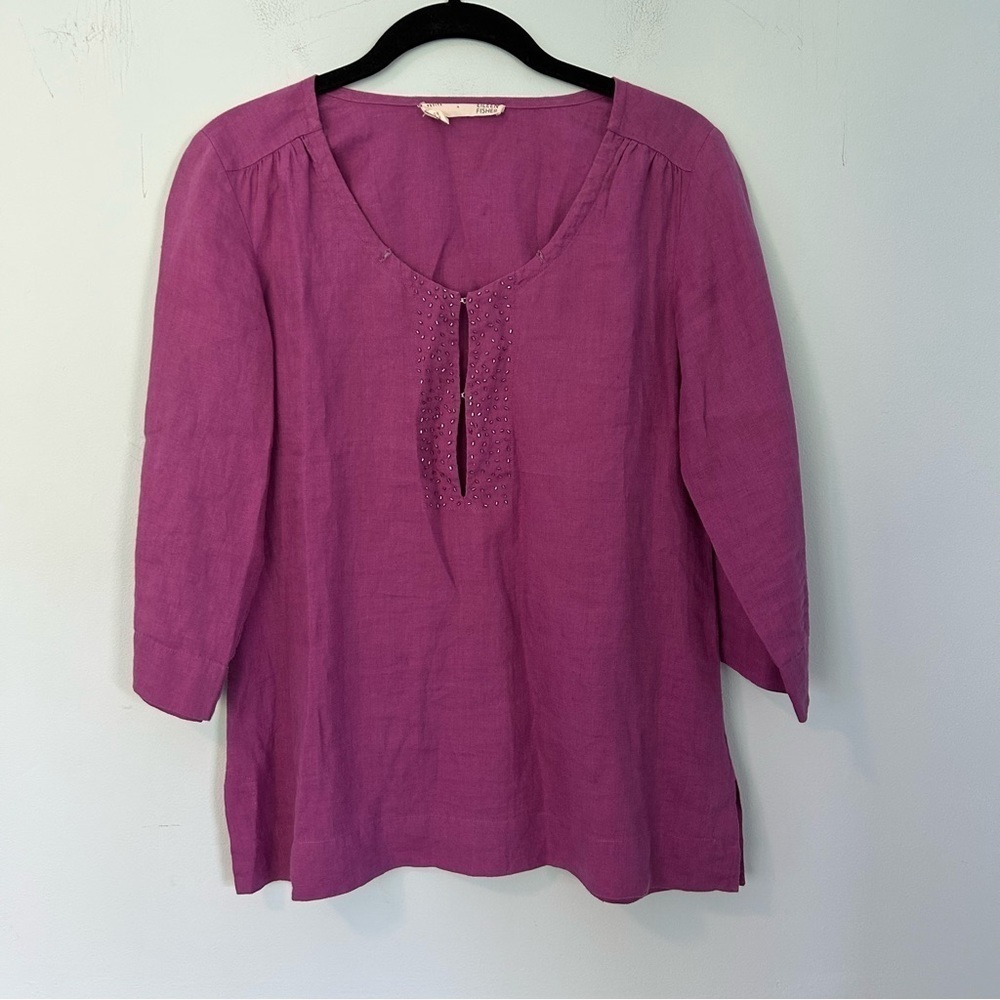 Eileen Fisher Sweet Plum Purple Linen Beaded Split Neck Blouse Size Small Petite
